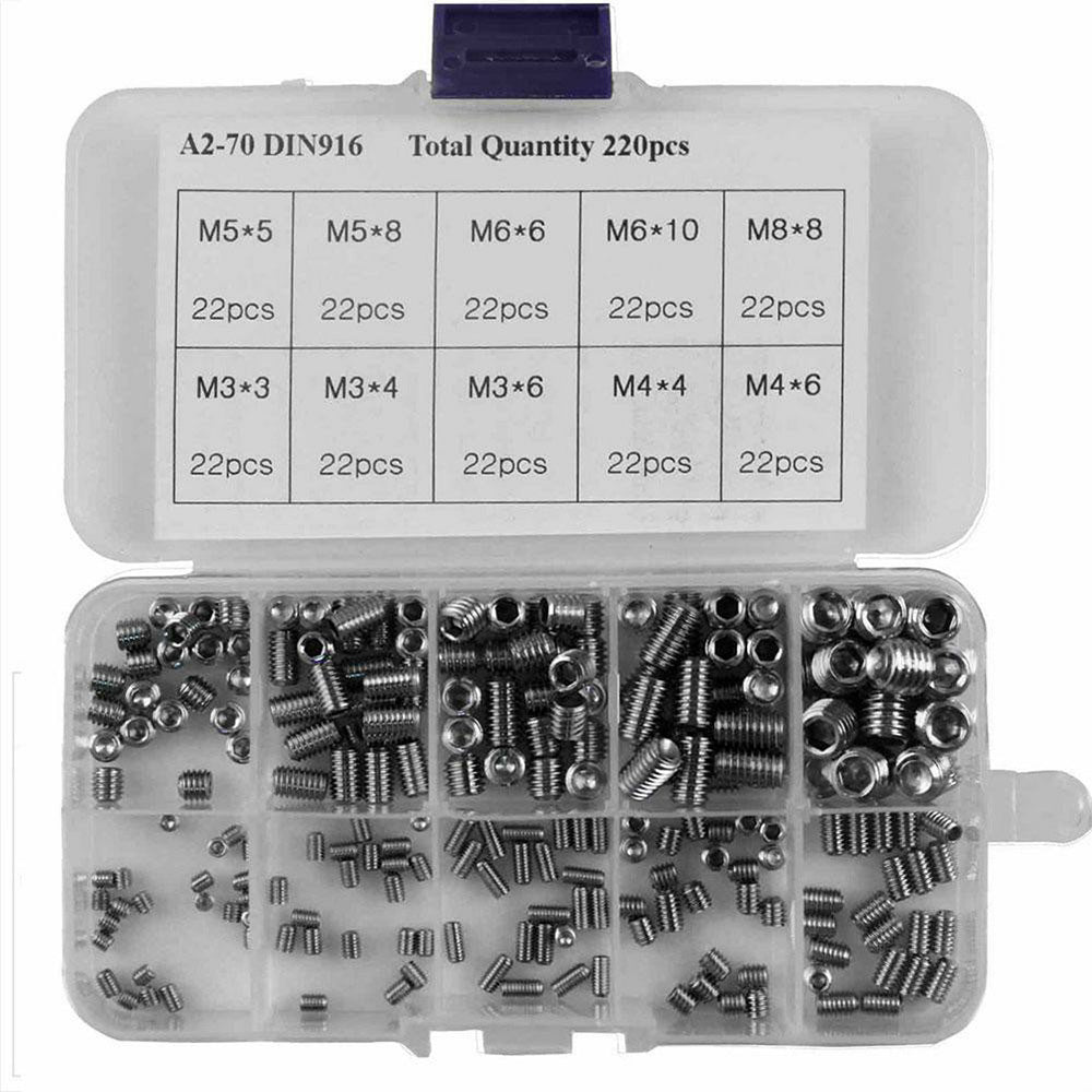 220Pcs Stainless Steel Allen Head Socket Set Grub Screws Assortment Kit-4