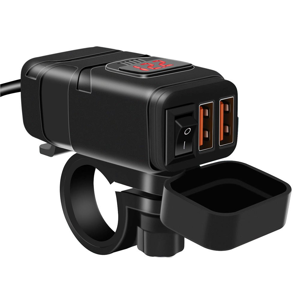Dual USB Port Motorcycle Fast Charger Socket Suitable For Motorcycles – With LED Voltmeter Display & ON/OFF Switch - Frazy's Auto Parts