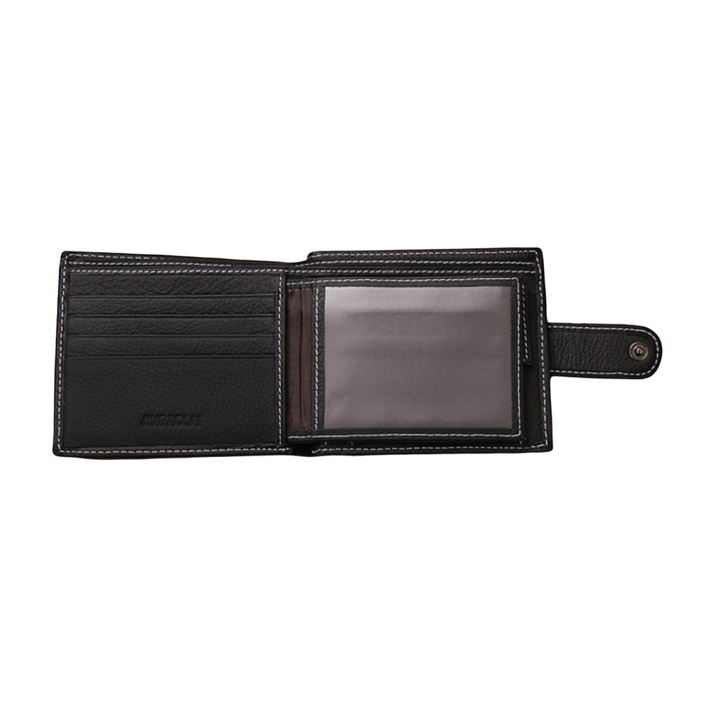 Men's Bi-Fold Wallet Black Top Layer Cowhide Leather With Card Slots & Coin Pocket-4