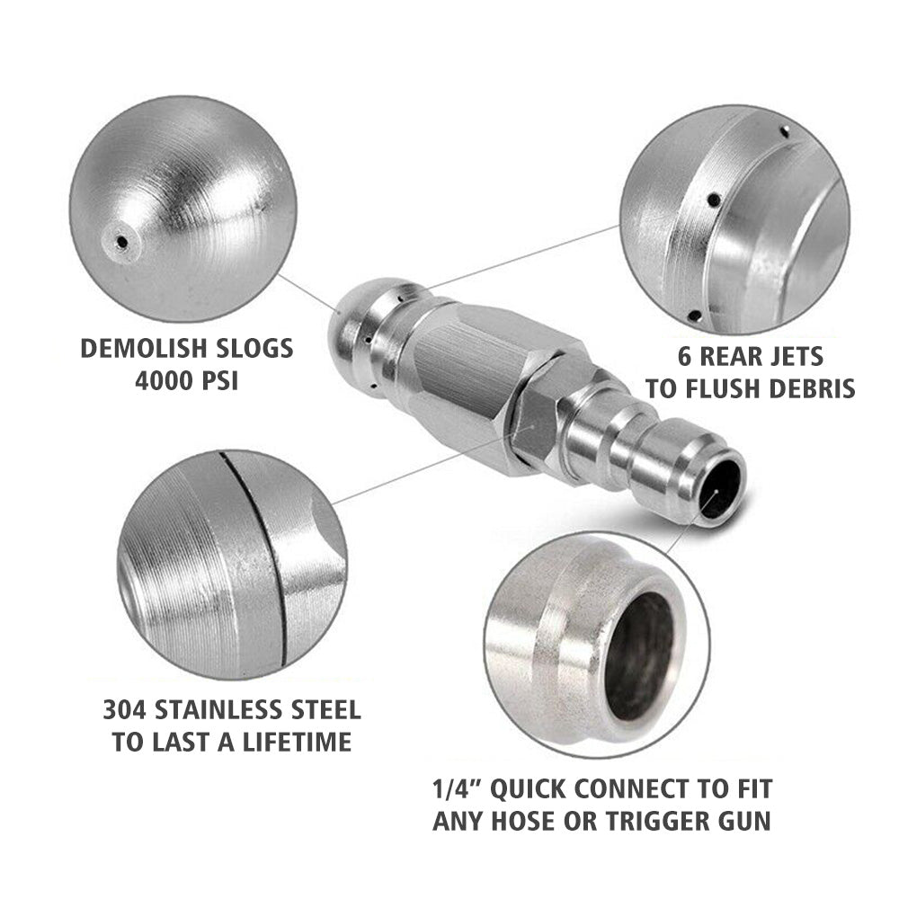 Stainless Steel Sewer Jetter Nozzle For Pressure Washer Suitable For 1in or 4in Drain Connection-3