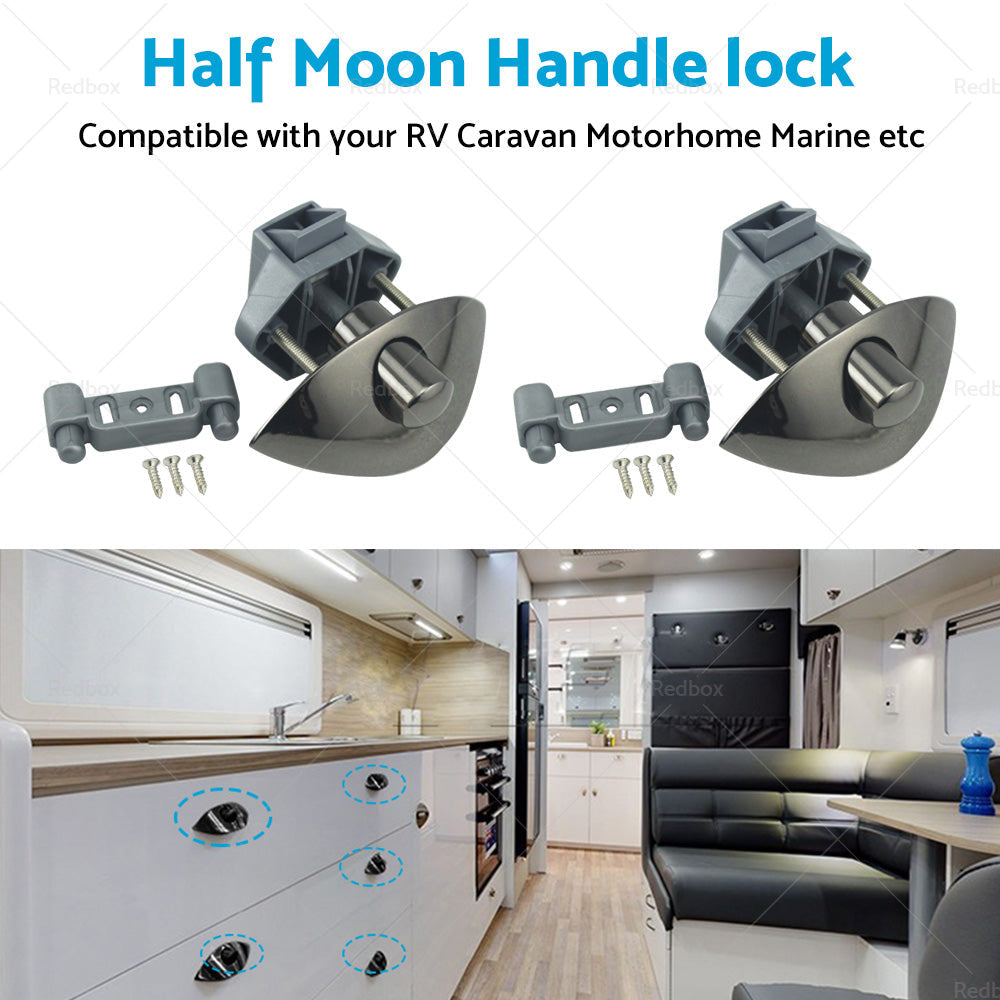 2x Zinc Alloy Half Moon Handle Push Lock Knob For Camper RV Kitchen Cabin Black-4
