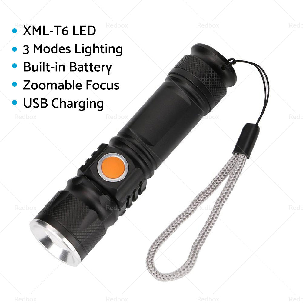 1pcs Black USB Rechargeable LED Flashlight Waterproof Torch Outdoor - Frazy's Auto Parts