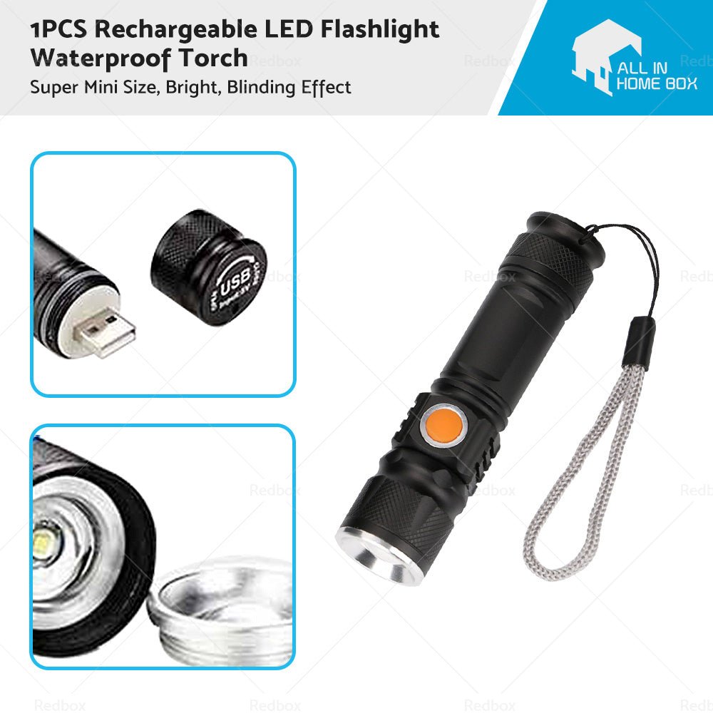 1pcs Black USB Rechargeable LED Flashlight Waterproof Torch Outdoor - Frazy's Auto Parts