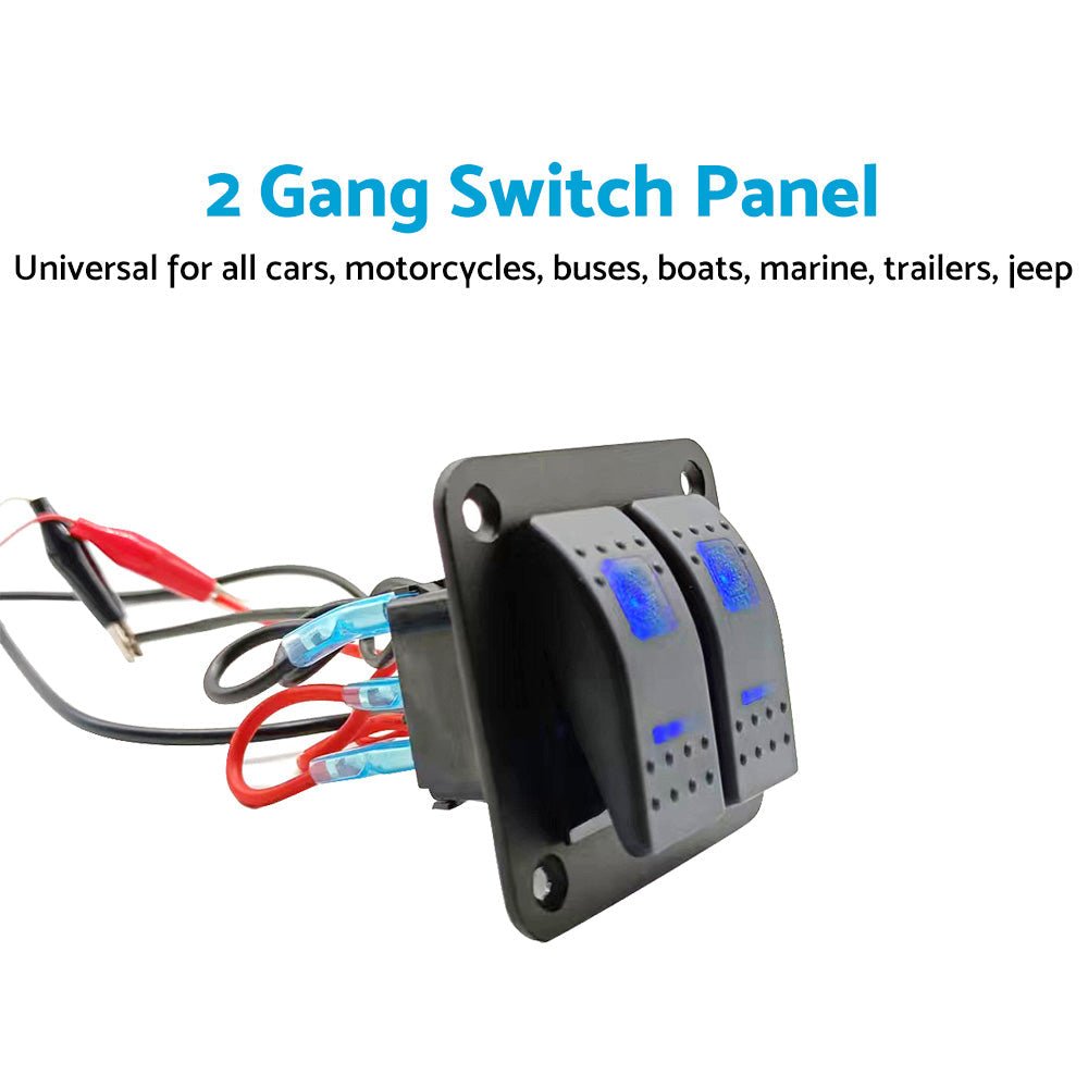 2 Gang Blue LED Light Rocker Switch Panel Dual LED Boat Car Waterproof - Frazy's Auto Parts