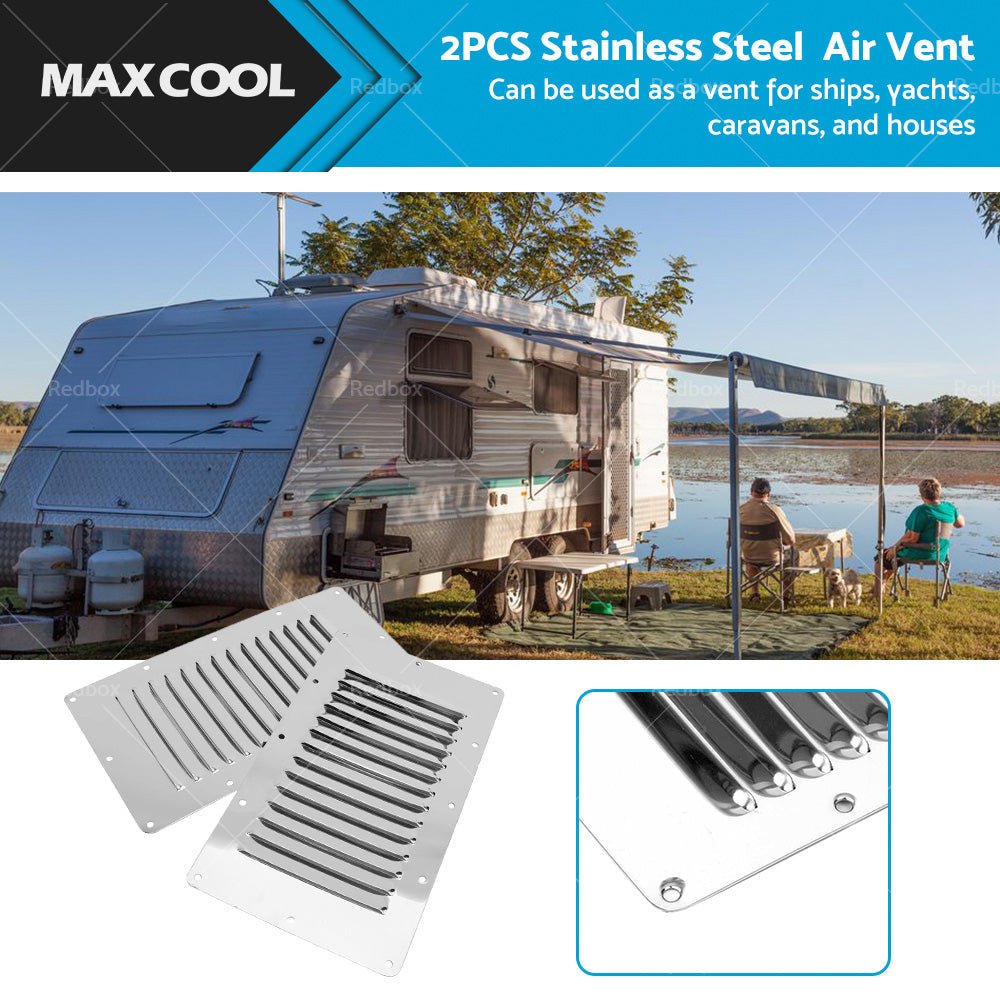 2 x Stainless Steel Rectangular 14 Louvre Air Vent, Caravan, Boat, Wall Eave - Frazy's Auto Parts
