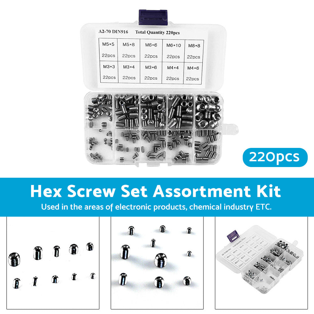 220Pcs Stainless Steel Allen Head Socket Set Grub Screws Assortment Kit-2