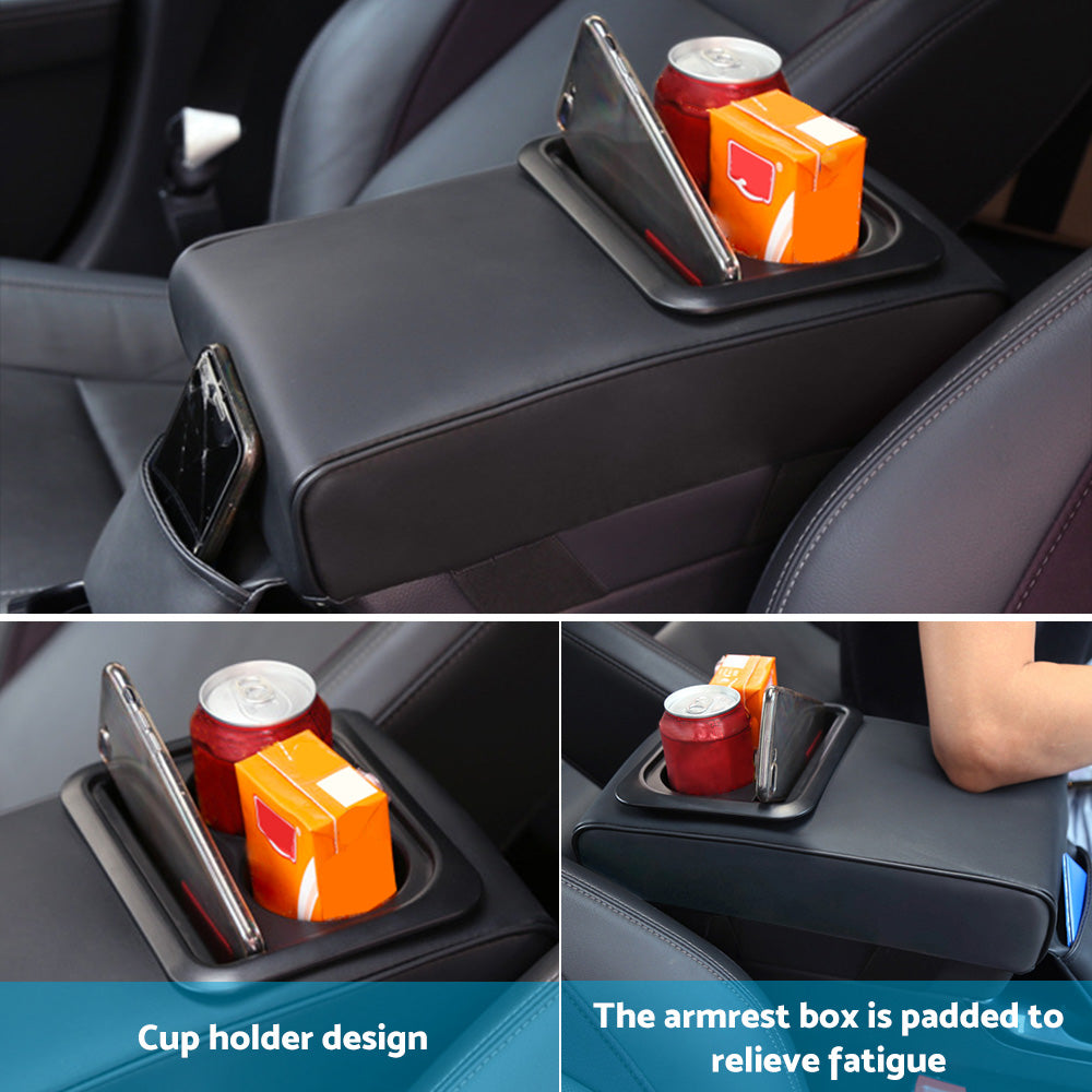 Center Console Leather Armrest Support Elbow Rest Extender Organizer Cup Holder-2