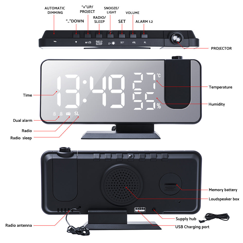 Projection on Ceiling Digital Dual Alarm Clock Bedroom Radio LED Big Screen-3