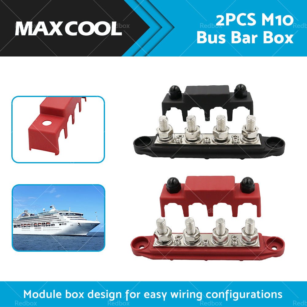 2PCS M10 4 Post 250A DC 48V Studs Bus Bar Power Distribution Box Terminal Block - Frazy's Auto Parts