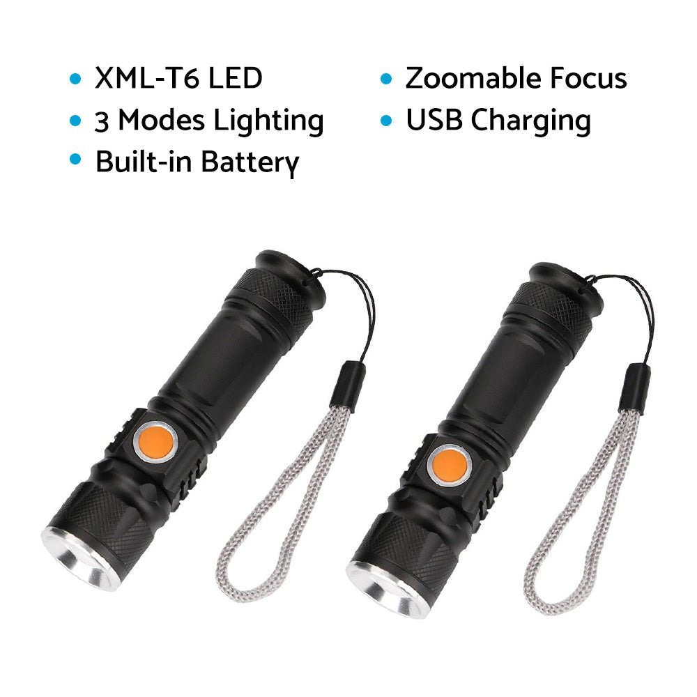 2PCS USB Rechargeable LED Flashlight Waterproof Torch Black - Frazy's Auto Parts
