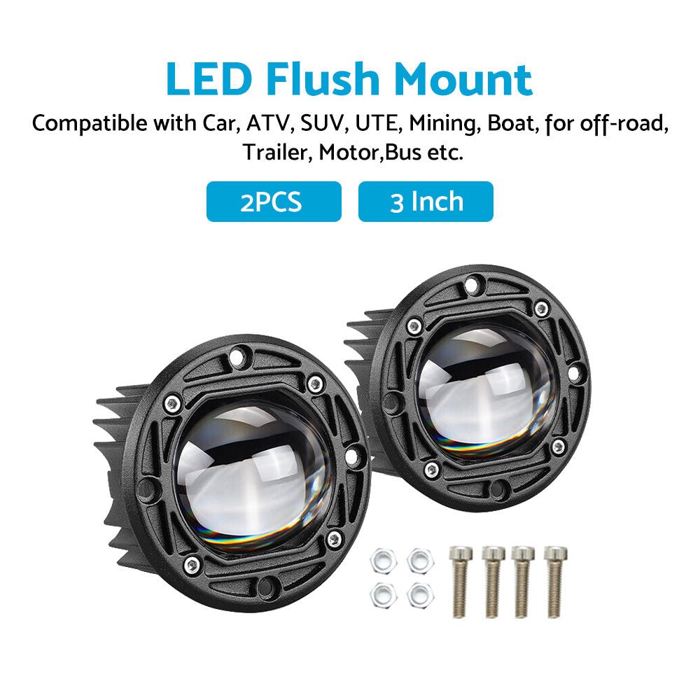 2x 3inch Flush Mount LED Work Light Bar Reverse Fog Lamp 4WD White Yellow 8D Len - Frazy's Auto Parts