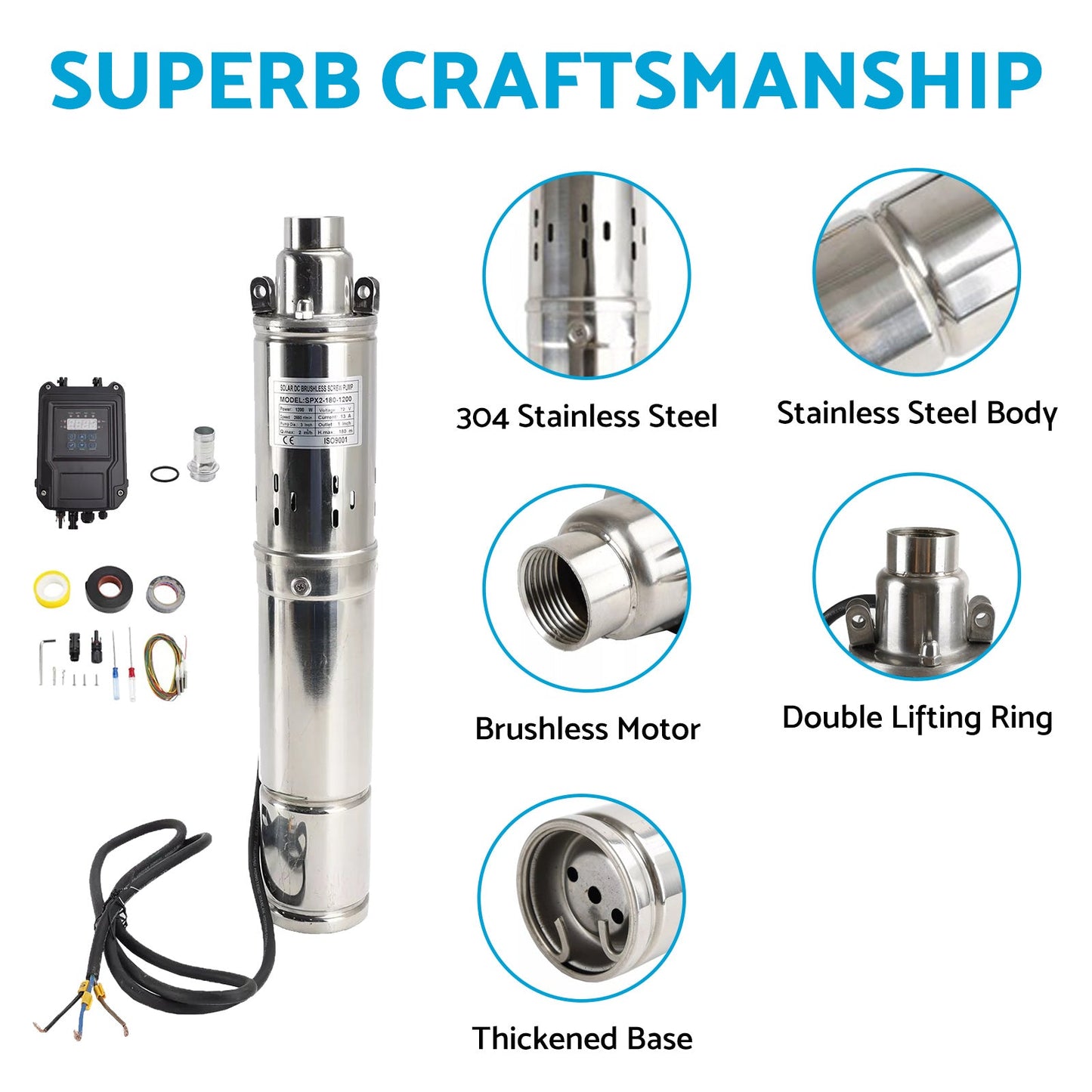 3in 72V 1.2KW Solar Bore Pump Submersible Deep Well MPPT Screw Head 180M - Frazy's Auto Parts