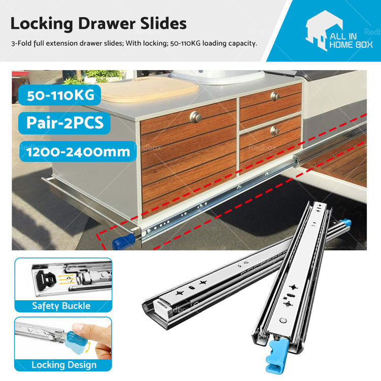 PAIR 90KG Loading Capacity Locking Drawer Slide Runner Trailer 800mm or 1600mm-0