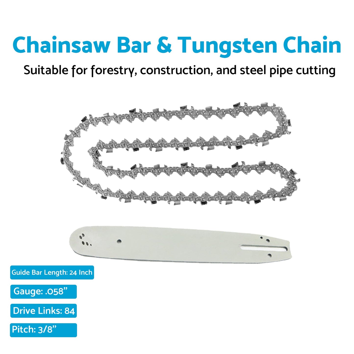 24'' Bar & Tungsten Chain Combo 3/8 .058 84DL Suitable For Husqvarna 61 160 162-5