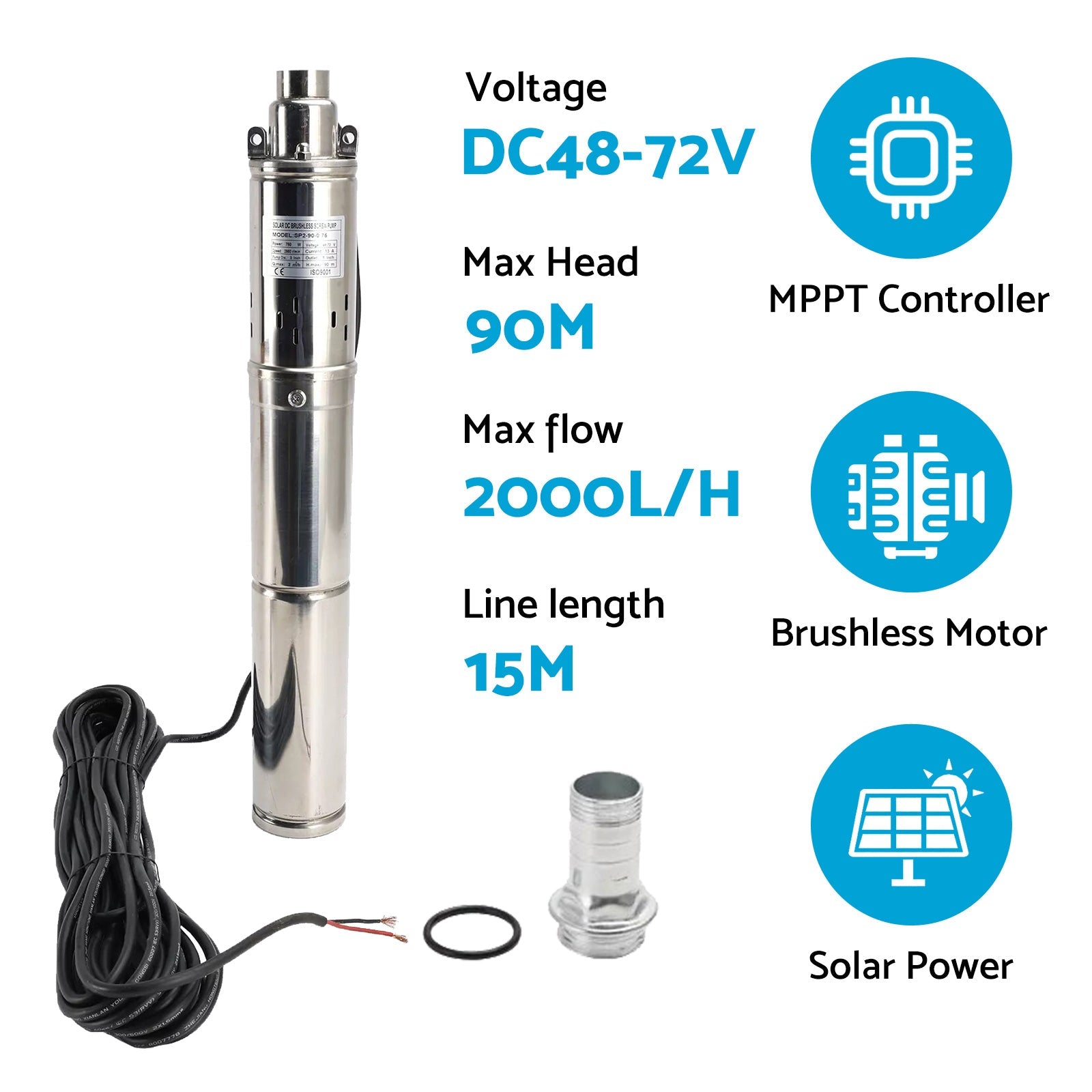 3in 48V 750W Deep Well Solar Submersible Bore Hole Water Pump With 15M Line-2