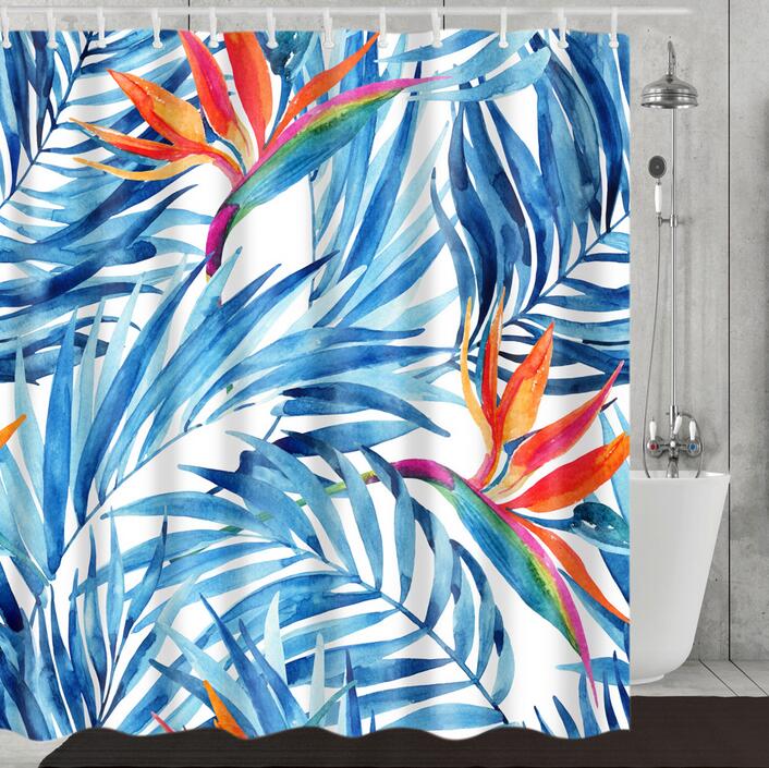 Bathroom Fabric Shower Curtain 12 Hook Set Water Resistant Tropical Plants Panel-10