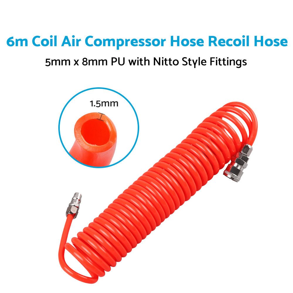6m Coil Air Compressor Hose Recoil Hose 5mm x 8mm PU with Nitto Style Fittings - Frazy's Auto Parts