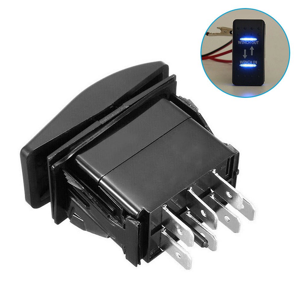 7 - Pin Winch In Out Rocker Switch Blue LED Rocker Toggle Switch 12V - 24V ON OFF ON - Frazy's Auto Parts