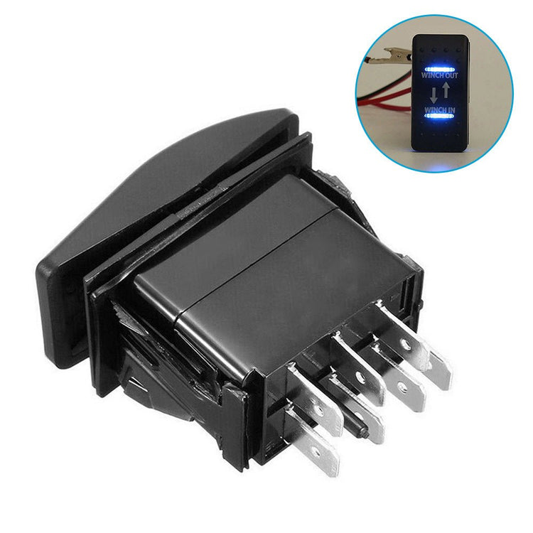 7 - Pin Winch In Out Rocker Switch Blue LED Rocker Toggle Switch 12V - 24V ON OFF ON - Frazy's Auto Parts