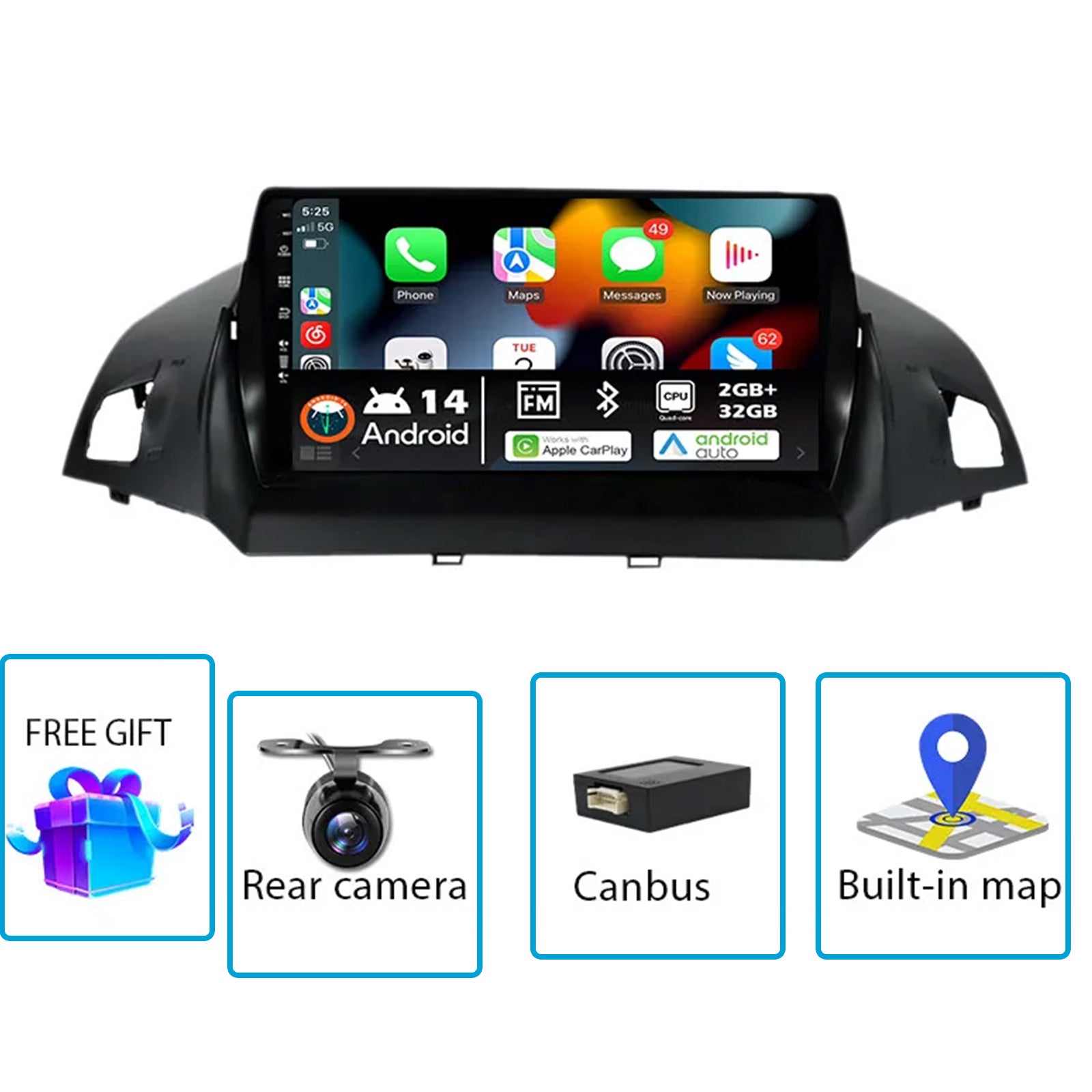 9'' CarPlay Stereo Head Unit Suitable For Ford Kuga Escape 2013-2017 Android 14-3