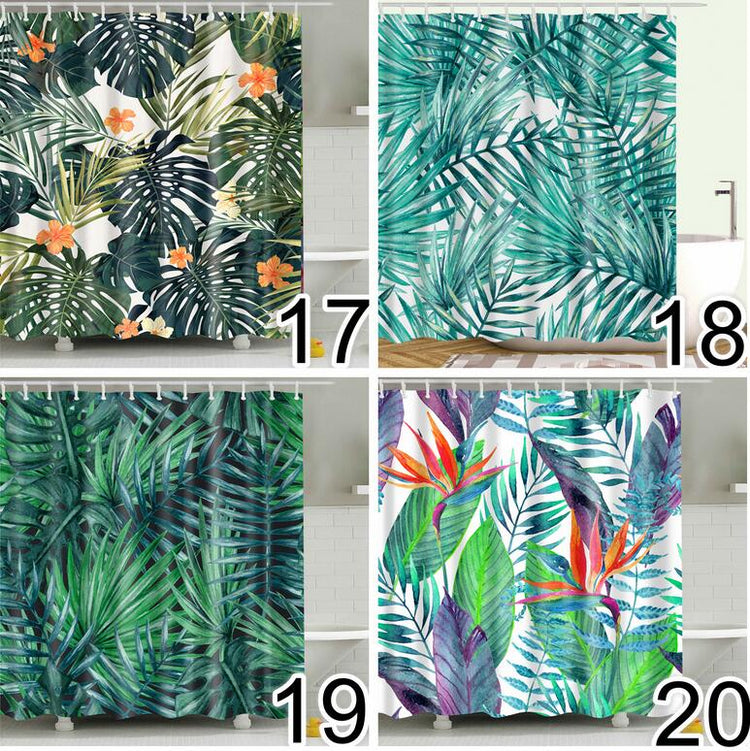 Bathroom Fabric Shower Curtain 12 Hook Set Water Resistant Tropical Plants Panel-4