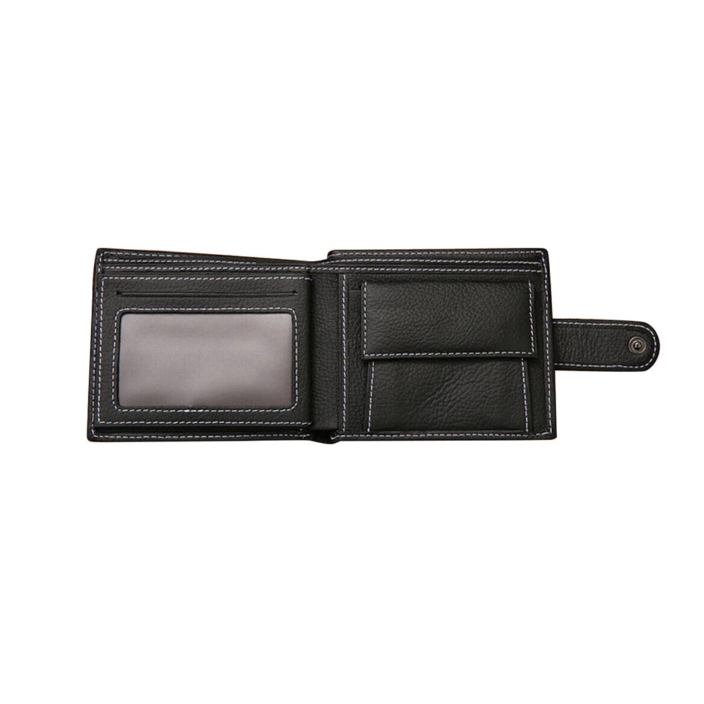 Men's Bi-Fold Wallet Black Top Layer Cowhide Leather With Card Slots & Coin Pocket-3