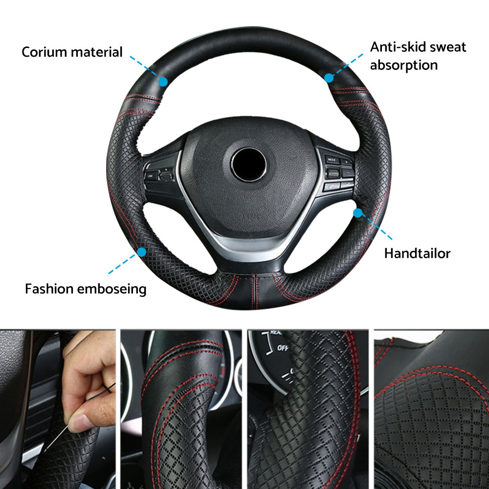 Premium Leather DIY Steering Wheel Cover Suitable For Car – 38cm Auto Protection With Needle-4