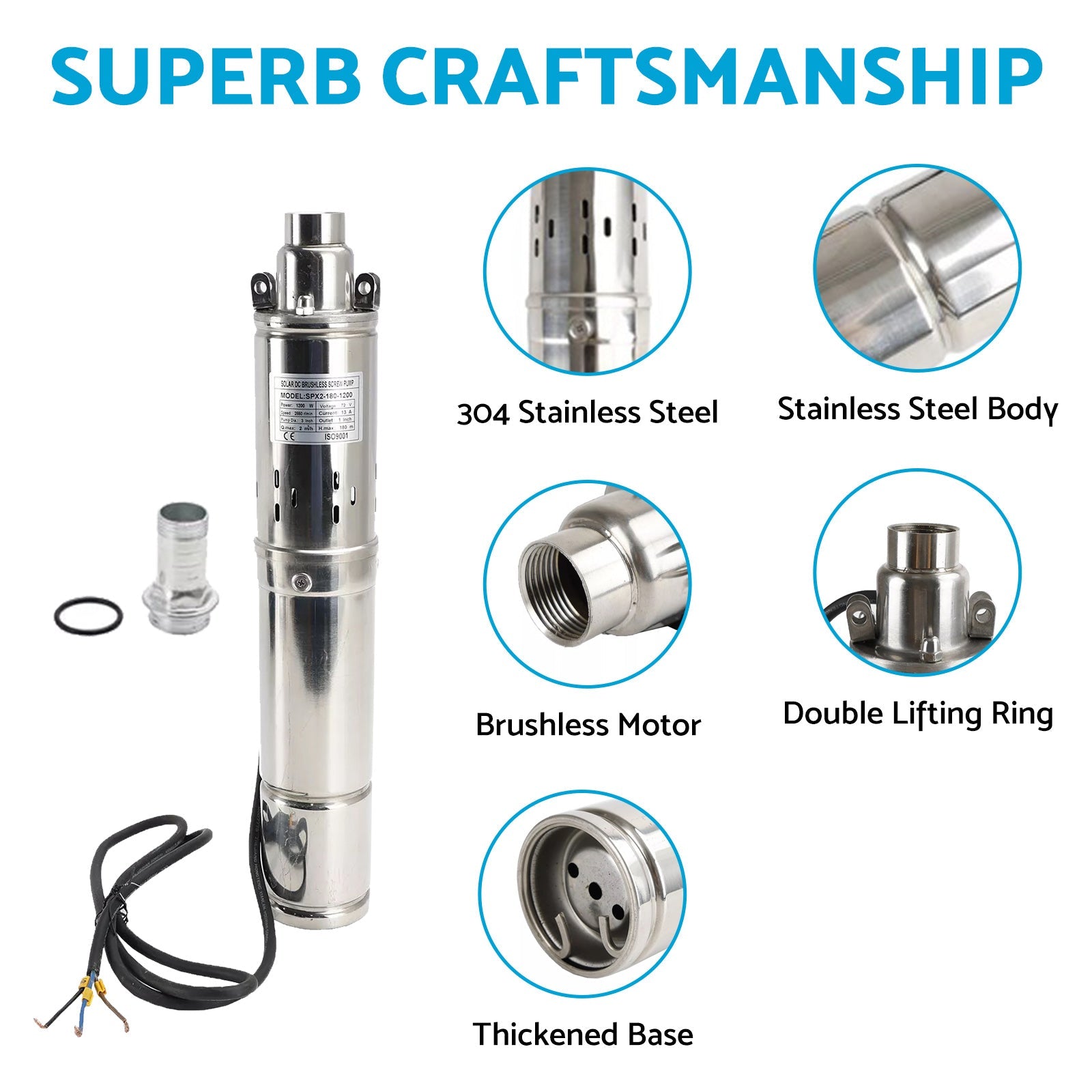 3in Deep Well Solar Bore Pump 48V 750W Submersible MPPT Screw Pump 140M-2