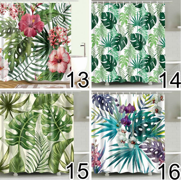 Bathroom Fabric Shower Curtain 12 Hook Set Water Resistant Tropical Plants Panel-3