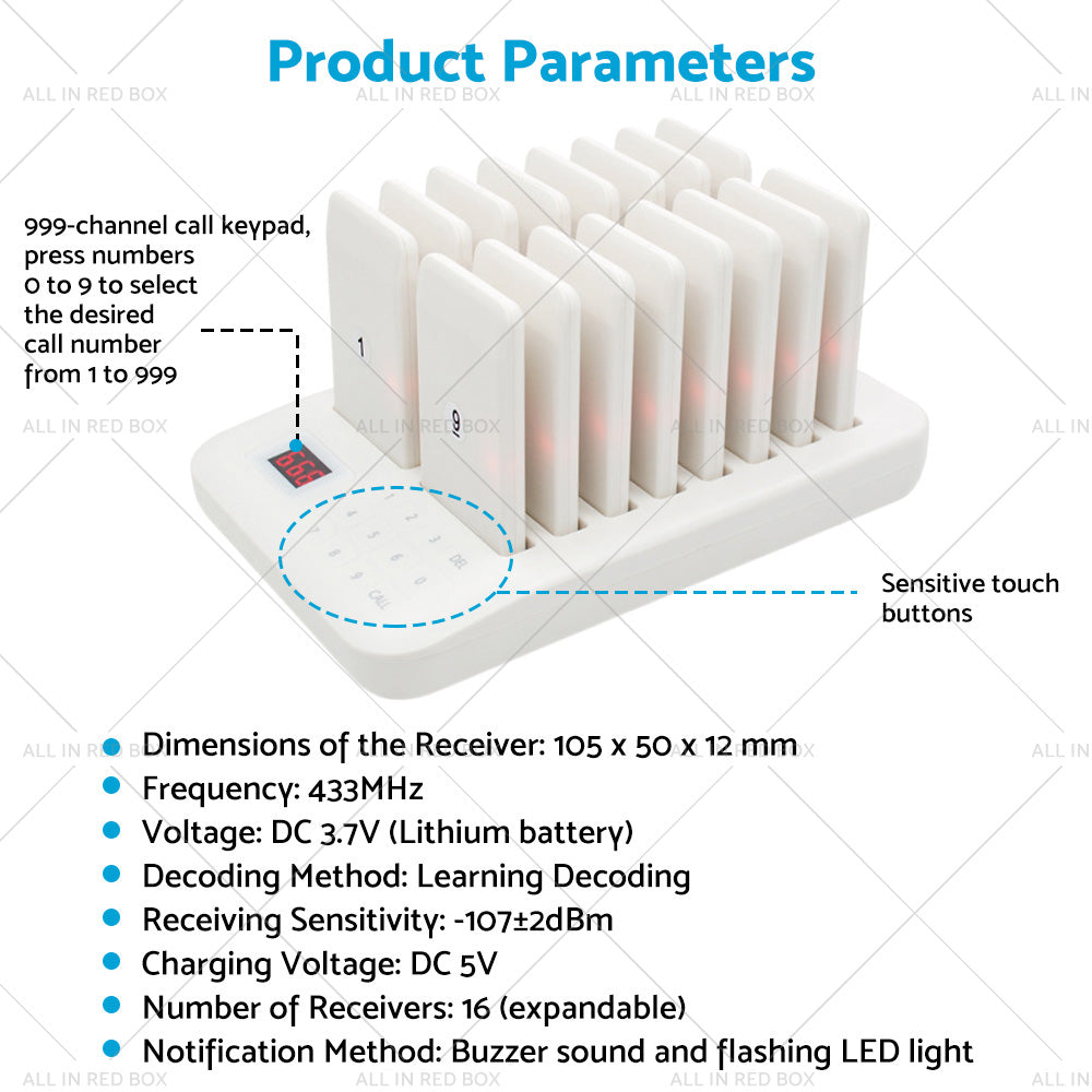 16-Channel Wireless Restaurant Pager System Suitable For Guest Calling & Queuing – AU-1