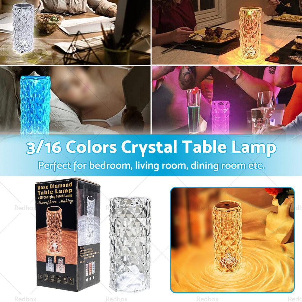 Crystal Table Lamp With Rose Diamond Touch LED Light Suitable For Universal Use, 3 or 16 Color, USB Powered-2