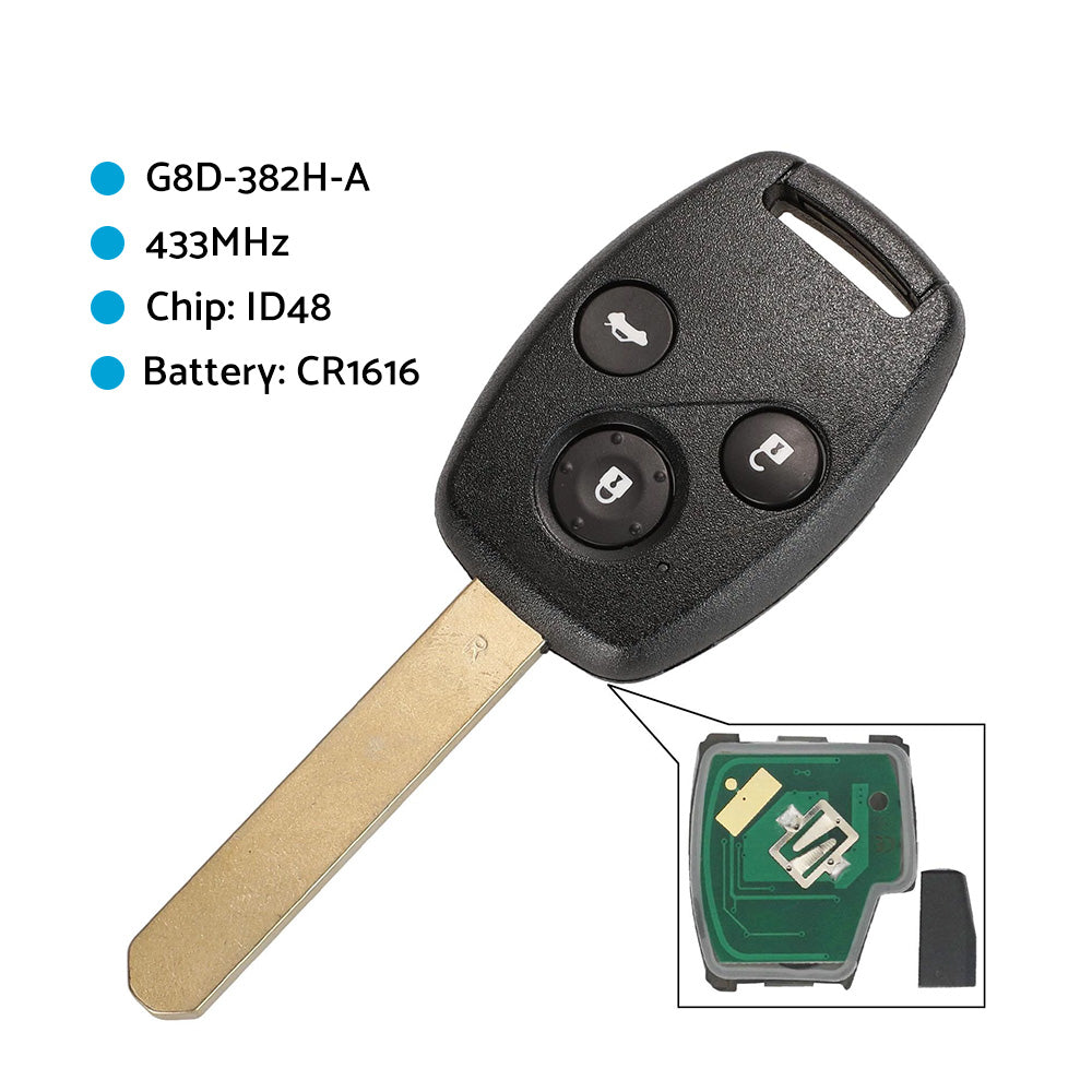 3-Button Remote Car Key 433MHz ID48 Suitable For Honda CR-V & Accord G8D-382H-A-3