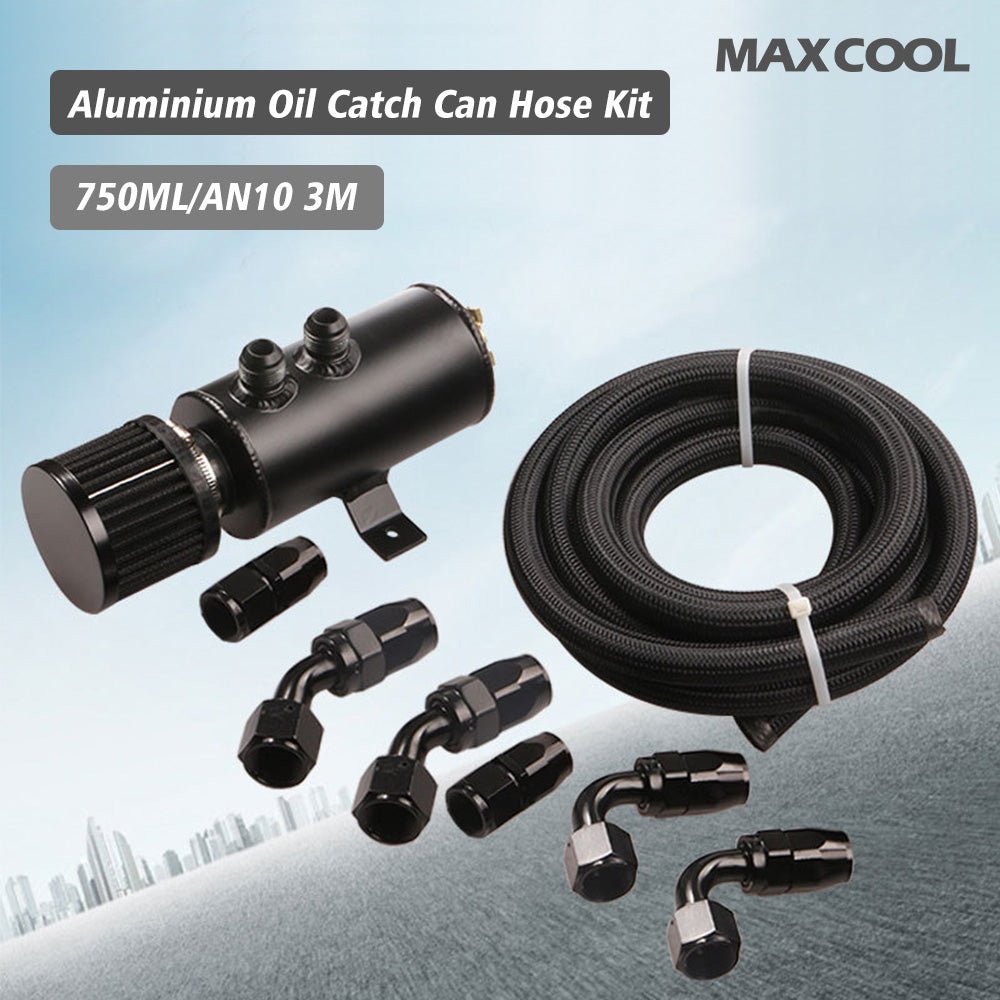 Aluminium Baffled Engine Oil Catch Can 0. 75L 2 Port AN10 3M Hose Fitting Kit - Frazy's Auto Parts
