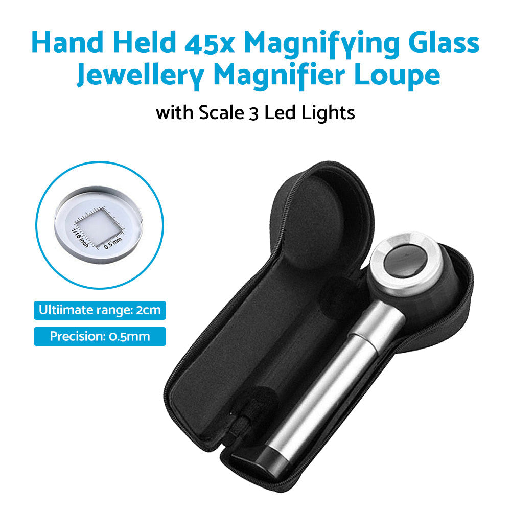 Hand Held 45x Magnifying Glass Jewellery Magnifier Loupe with Scale 3 Led Lights-1