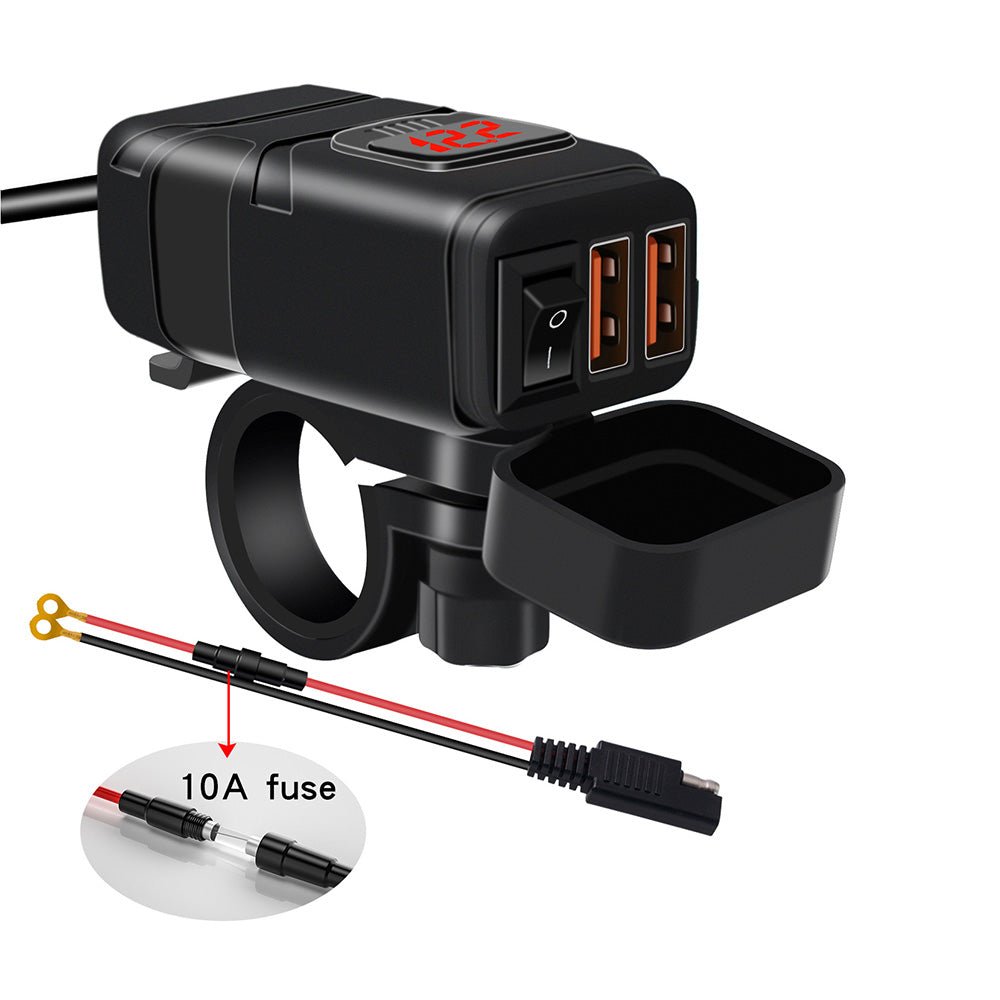 Dual USB Port Motorcycle Fast Charger Socket Suitable For Motorcycles – With LED Voltmeter Display & ON/OFF Switch - Frazy's Auto Parts