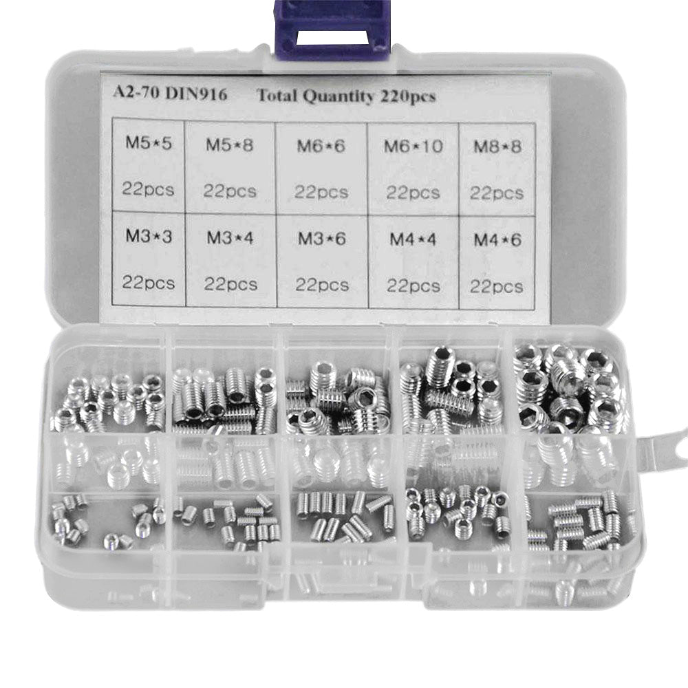 220Pcs Stainless Steel Allen Head Socket Set Grub Screws Assortment Kit-0