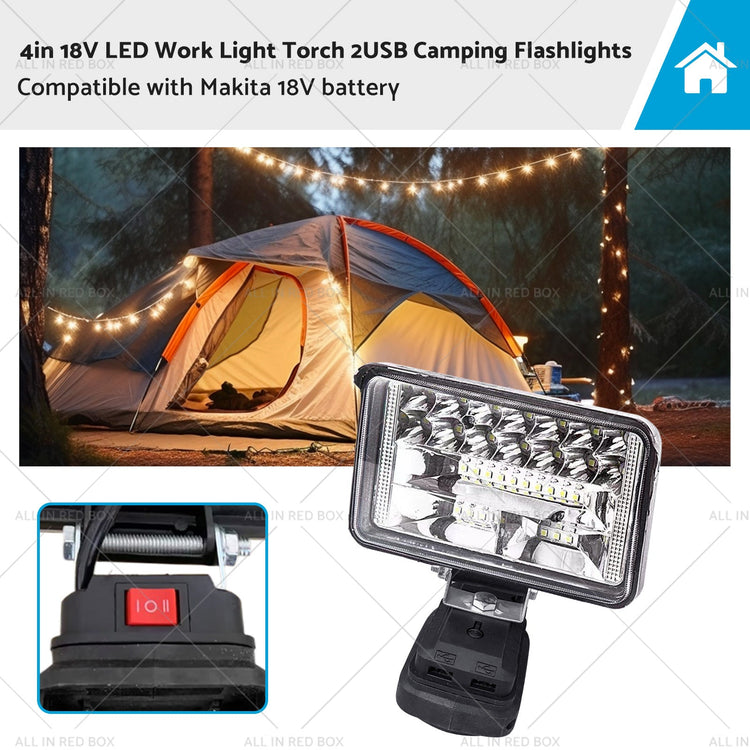 18V 4in LED Work Light Torch Camping Flashlights 2USB Suitablefor Makita Battery-0