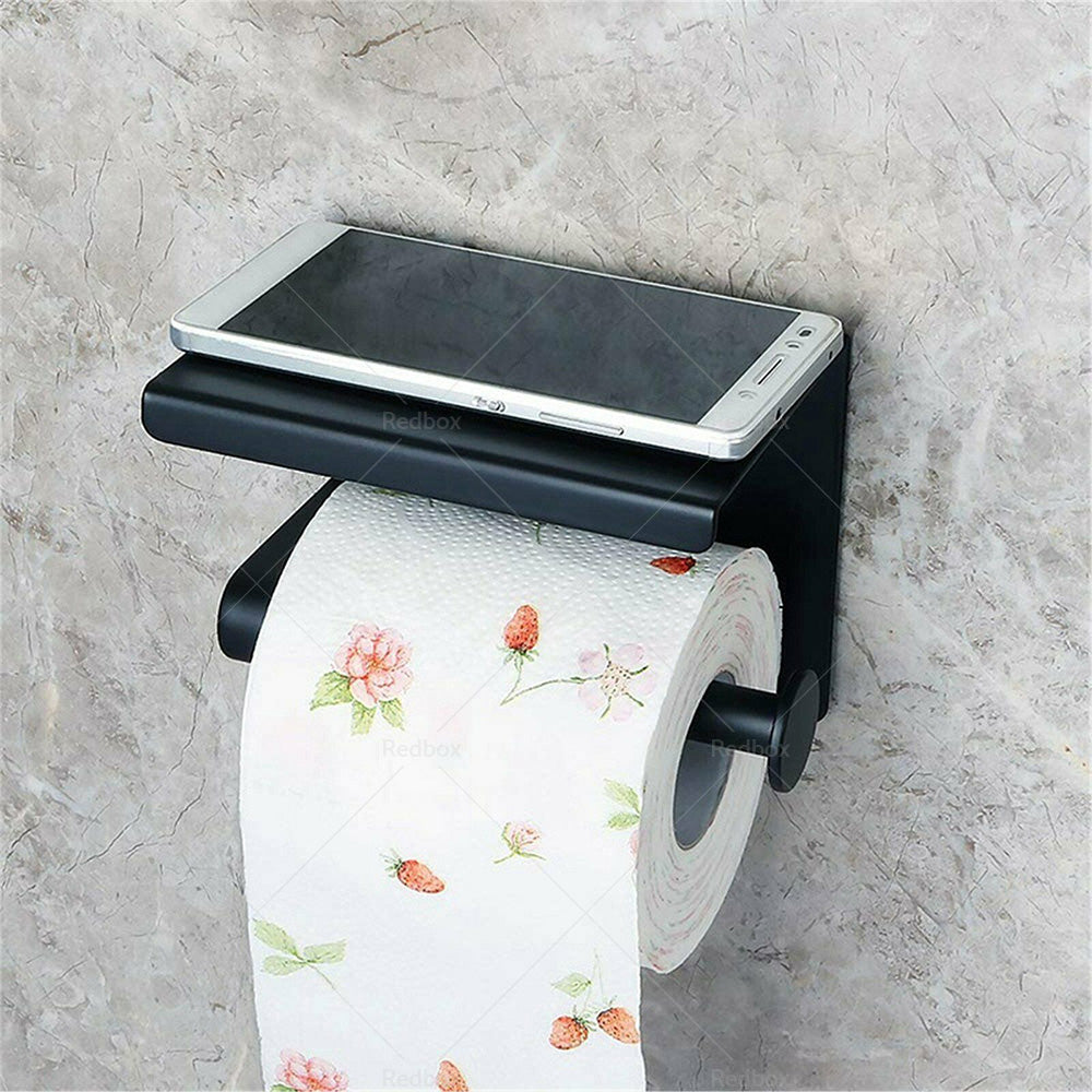 2x Stainless Steel Toilet Paper Roll Holder With Storage Hook & Phone Shelf for Bathroom-2