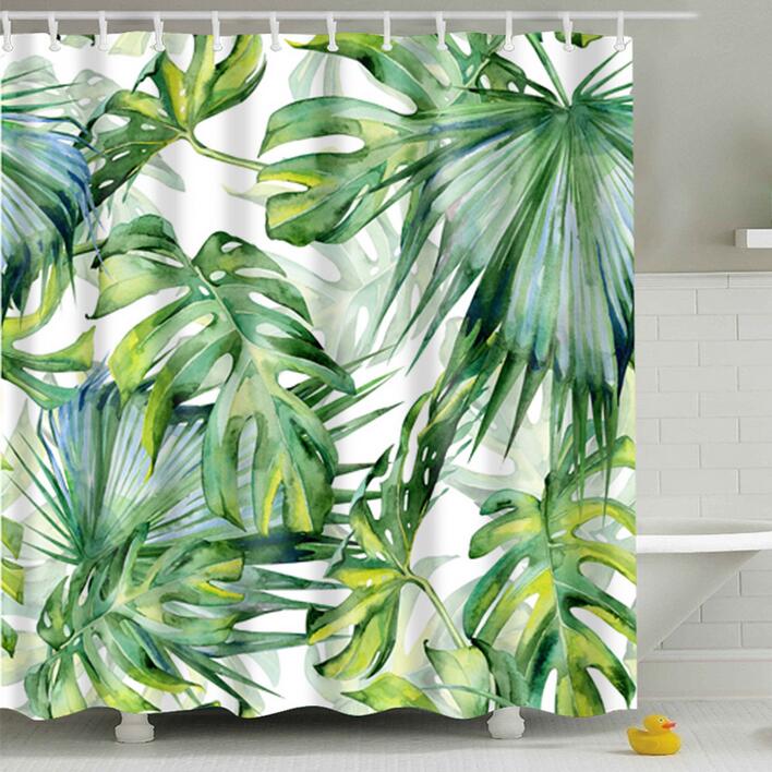 Bathroom Fabric Shower Curtain 12 Hook Set Water Resistant Tropical Plants Panel-5