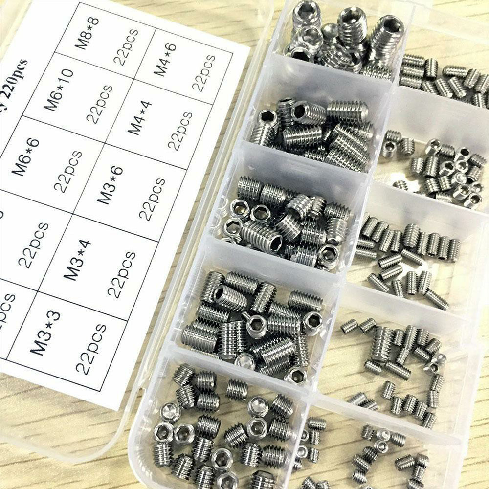 220Pcs Stainless Steel Allen Head Socket Set Grub Screws Assortment Kit-3