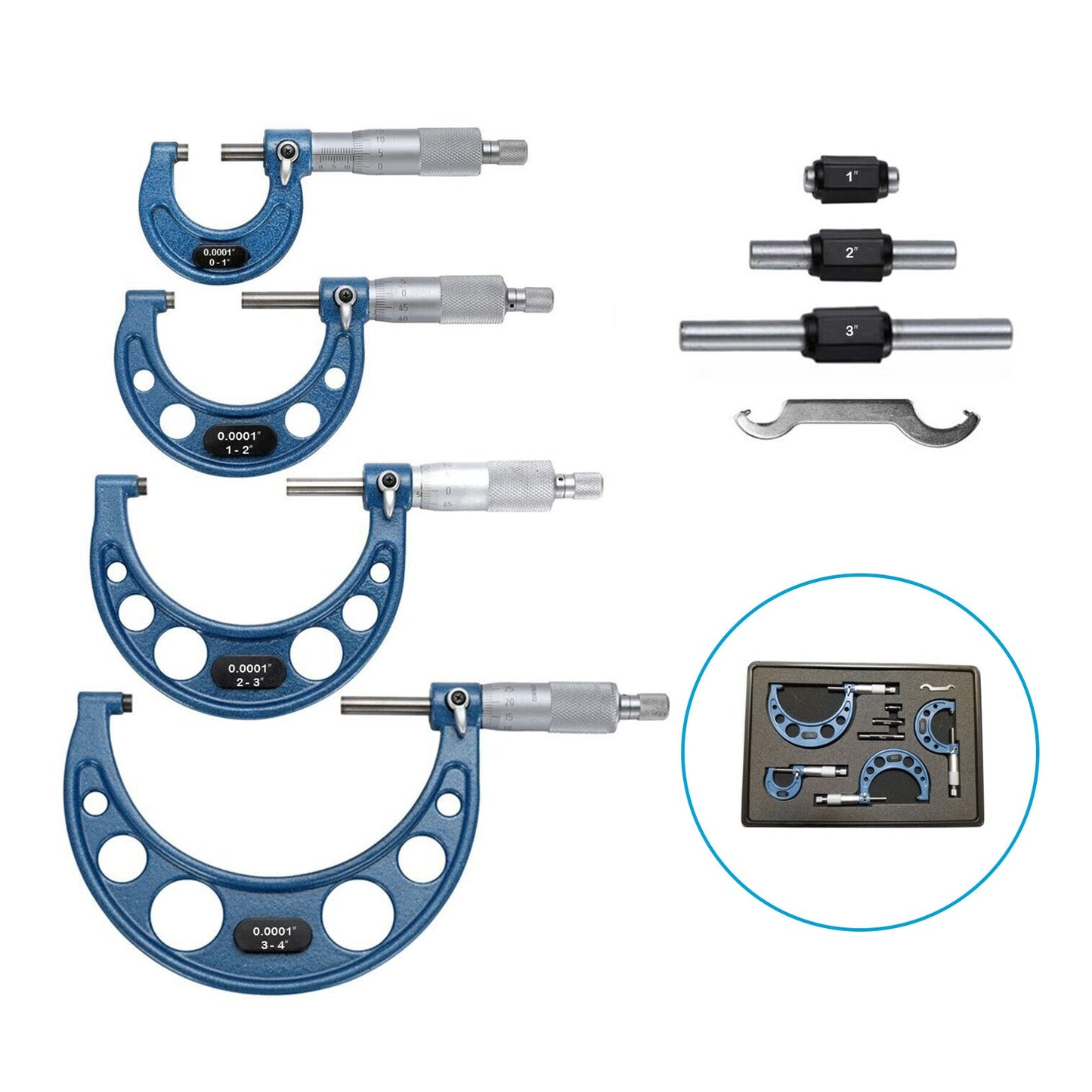 Outside Micrometer Set 0 - 4 inch With Calibration Standards and Wrench Accuracy Tool - Frazy's Auto Parts