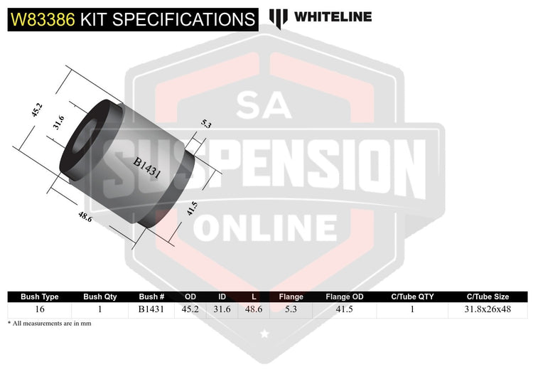 Whiteline W83386 - Panhard Rod - To Differential Bushing Kit (Mounting- panhard