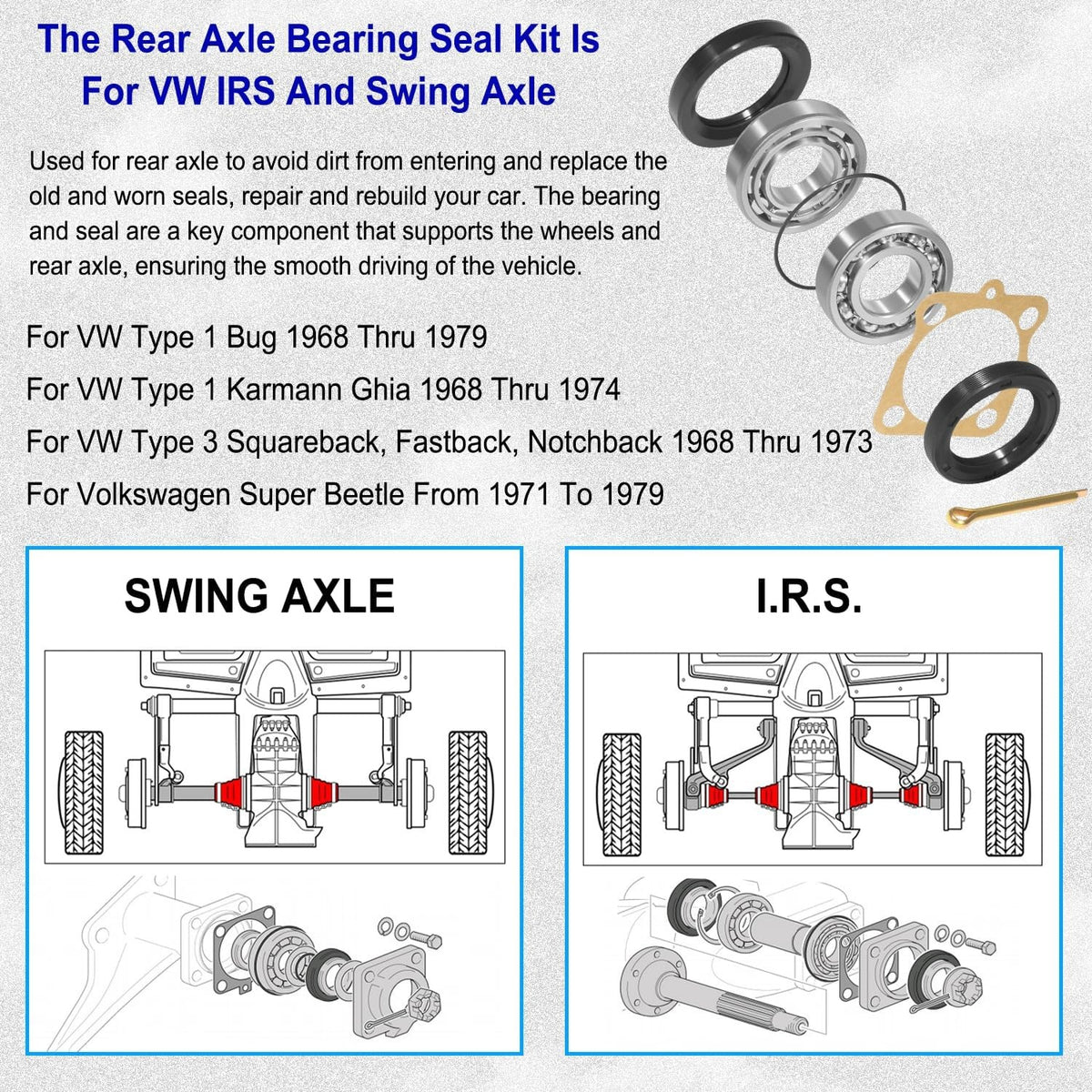 Rear IRS Wheel Bearing Kit w/Seals for Volkswagen VW Type 1 Bug/GHIA 1968-1979