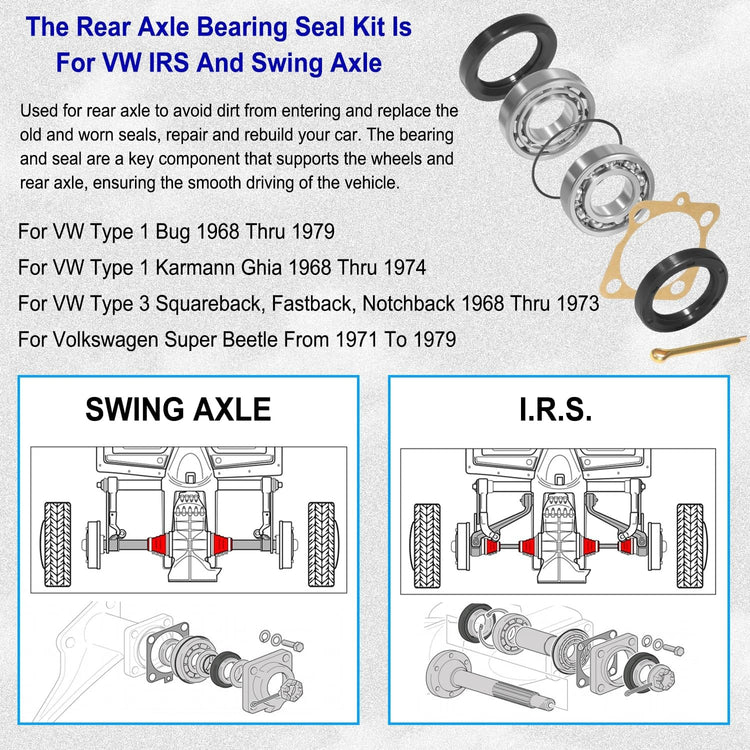 Rear IRS Wheel Bearing Kit w/Seals for Volkswagen VW Type 1 Bug/GHIA 1968-1979