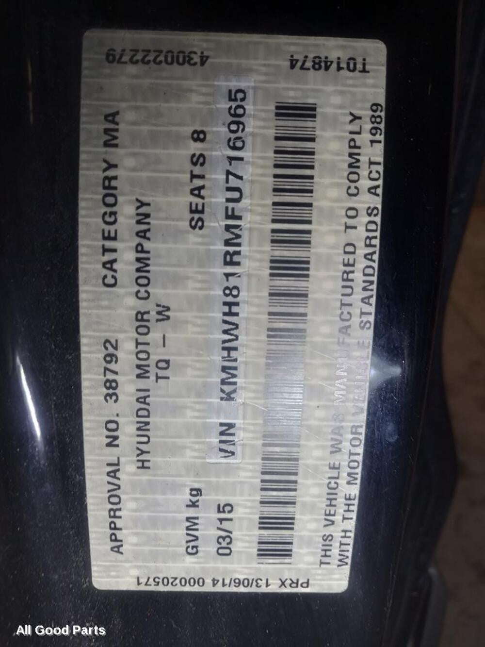 2015, HYUNDAI, ILOAD/IMAX, Right Front Hub Assembly, ABS TYPE, TQ, 11/07-03/21
