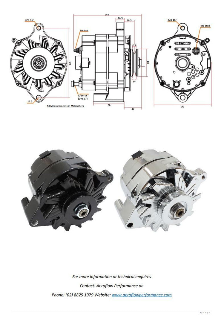 Ford Cleveland V8 302 351 Aeroflow Chrome Alternator 100 Amp Internal Regulator