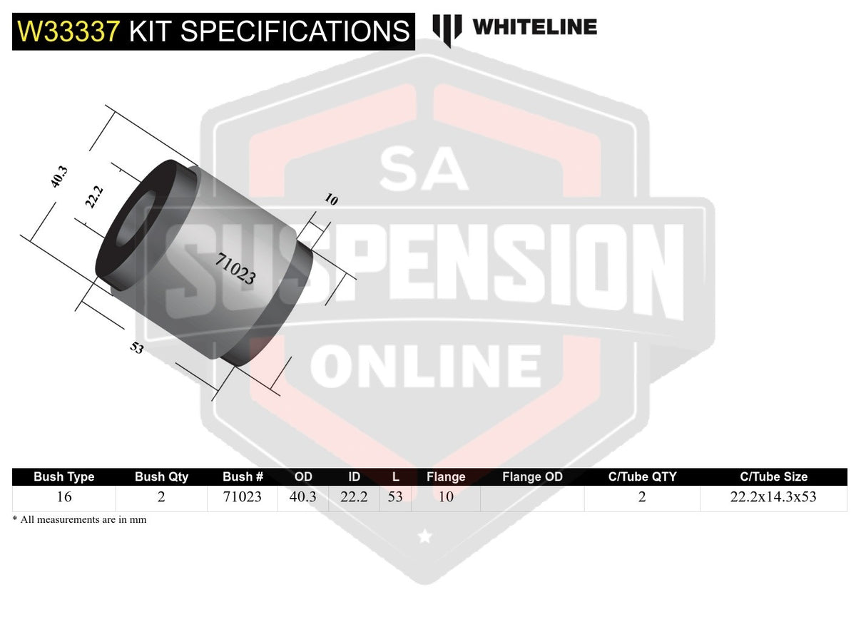 Whiteline W33337 - Shock Absorber - To Control Arm Bushing Kit (Bush- shock abso