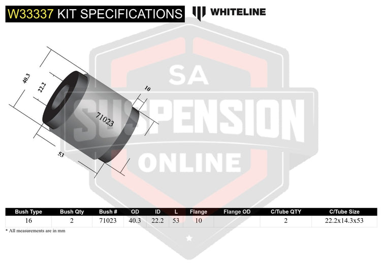 Whiteline W33337 - Shock Absorber - To Control Arm Bushing Kit (Bush- shock abso