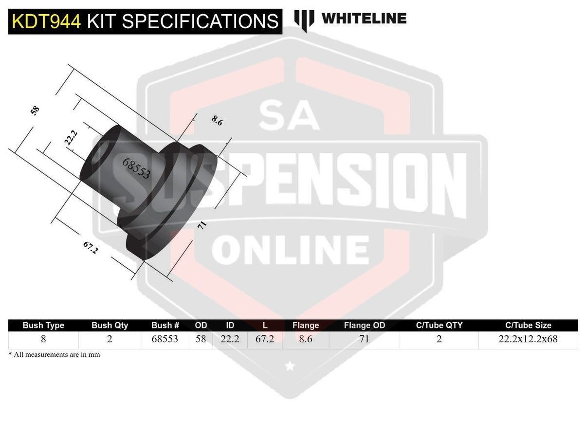 Whiteline KDT944 - Beam Axle - Bushing Kit (Mounting Kit- axle beam) fits rear