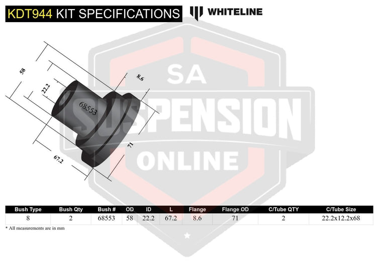 Whiteline KDT944 - Beam Axle - Bushing Kit (Mounting Kit- axle beam) fits rear
